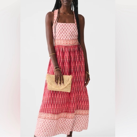 New Faherty Floral Block Multiprint Sm 4/6 Pink Linen Halter Criss-Cross Maxi - Picture 11 of 14